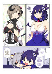 Rule 34 | &gt; &lt;, 3girls, :&lt;, :t, apron, armband, bare arms, bare shoulders, benghuai xueyuan, black dress, black gloves, black hairband, blue dress, bow, breast tattoo, breasts, bronya zaychik, bronya zaychik (snowy sniper), brown hair, chest tattoo, chibi, cleavage, clip studio paint, closed mouth, collarbone, comic, covered navel, crossed bangs, crying, detached collar, dress, drill hair, emphasis lines, english text, finger to cheek, floral background, flower, gem, gloves, grey eyes, grey hair, hair between eyes, hair bow, hair flower, hair ornament, hair over one eye, hair ribbon, hairband, halftone, hand on own hip, head tilt, highres, honkai (series), honkai impact 3rd, horns, jealous, jitome, lolita hairband, looking away, maid, maid apron, medium breasts, medium hair, multiple girls, neck ribbon, open mouth, pout, puffy short sleeves, puffy sleeves, purple eyes, purple gloves, purple hair, purple ribbon, red eyes, red flower, red rose, ribbon, rita rossweisse, rita rossweisse (umbral rose), rose, scarf, seele vollerei, seele vollerei (swallowtail phantasm), sheita, short hair, short sleeves, sleeveless, sleeveless dress, smile, squiggle, standing, tattoo, trembling, triangle mouth, twin drills, twintails, underbust, wavy mouth, white apron, white ribbon, white scarf
