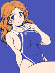 Rule 34 | 1girl, bc freedom (emblem), blue background, blue eyes, blue one-piece swimsuit, blush, breasts, closed mouth, competition swimsuit, emblem, girls und panzer, isabe (girls und panzer), large breasts, long hair, looking at viewer, one-piece swimsuit, oosaka kanagawa, orange hair, sideboob, simple background, smile, solo, swimsuit