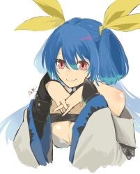 Rule 34 | 1girl, artist name, bare shoulders, belt, blue hair, breasts, cleavage, closed mouth, detached collar, detached sleeves, dizzy (guilty gear), guilty gear, guilty gear xrd, hair between eyes, hair ribbon, hair rings, huki, large breasts, off shoulder, own hands together, red eyes, ribbon, sidelocks, smile, solo, twintails, upper body, wide sleeves, yellow ribbon