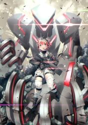 Rule 34 | 1girl, absurdres, black gloves, blue eyes, bob cut, boots, commentary, english commentary, gloves, grey hair, gun, headset, highres, idolmaster, idolmaster shiny colors, knee boots, lens flare, looking at viewer, mecha, multicolored hair, puffy sleeves, puni (punycolors), red hair, rifle, robot, serizawa asahi, short hair, solo, thighhighs, two-tone hair, weapon