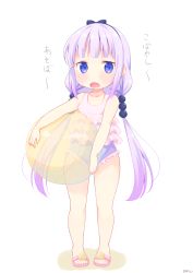 Rule 34 | 10s, 1girl, azu a, ball, beachball, beads, blue eyes, casual one-piece swimsuit, frilled swimsuit, frills, full body, hair beads, hair ornament, hairband, highres, kanna kamui, kobayashi-san chi no maidragon, light purple hair, looking at viewer, one-piece swimsuit, open mouth, sandals, simple background, solo, standing, swimsuit, translation request, white background