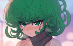 Rule 34 | 1girl, alternate costume, blush, breath, coat, cold, curly hair, daniel deves, day, flipped hair, green eyes, green hair, highres, looking at viewer, nose blush, one-punch man, outdoors, own hands together, parted lips, scarf, short hair, solo, tatsumaki, upper body, winter, winter clothes, winter coat