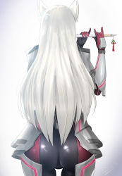 Rule 34 | 1girl, absurdres, alternate form, armored boots, ass, bodysuit, boots, dizuit plus, flute, from behind, highres, instrument, long hair, m (xenoblade), mio (xenoblade), shiny clothes, skin tight, solo, spoilers, thigh boots, thighhighs, very long hair, white hair, xenoblade chronicles (series), xenoblade chronicles 3