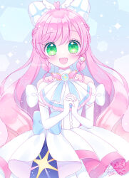 Rule 34 | 1girl, :d, bare shoulders, blush, bow, braid, commentary request, cure prism, dress, elbow gloves, gloves, green eyes, hair between eyes, hair bow, heart, heart-shaped pupils, highres, himetsuki luna, hirogaru sky! precure, interlocked fingers, long hair, looking at viewer, nijigaoka mashiro, open mouth, own hands clasped, own hands together, pink hair, pleated dress, precure, signature, sleeveless, sleeveless dress, smile, solo, symbol-shaped pupils, twin braids, very long hair, white bow, white dress, white gloves