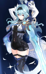 Rule 34 | 1girl, absurdres, arane (lolitwin), arms up, blue hair, blue necktie, bodystocking, cape, eula (genshin impact), genshin impact, gloves, hairband, half-closed eyes, highres, holding, holding sword, holding weapon, leotard, long sleeves, necktie, solo, sword, weapon