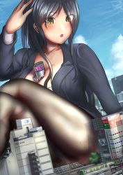 Rule 34 | 109 (department store), 1girl, :o, black hair, black pantyhose, blush, breasts, building, city, crossed legs, destruction, female focus, giant, giantess, hand on own head, highres, large breasts, long hair, looking down, object between breasts, office lady, original, pantyhose, shibuya (tokyo), skirt, solo, tokyo (city), train, tuxedo cat, yellow eyes