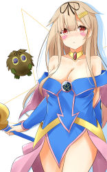 Rule 34 | 1girl, absurdres, alternate costume, bare shoulders, black ribbon, blonde hair, blue eyes, blush stickers, breasts, cleavage, cosplay, dark magician girl, dark magician girl (cosplay), detached sleeves, duel monster, hair flaps, hair ornament, hair ribbon, highres, holding, holding staff, kantai collection, kuriboh, large breasts, long hair, looking at viewer, pentacle, red eyes, ribbon, saku (kudrove), staff, straight hair, yu-gi-oh!, yu-gi-oh! duel monsters, yuudachi (kancolle)