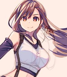 Rule 34 | 1girl, breasts, brown eyes, brown hair, closed mouth, crop top, detached sleeves, earrings, final fantasy, final fantasy vii, grey background, jewelry, kuga tsukasa, large breasts, long hair, looking at viewer, simple background, single earring, smile, solo, suspenders, tifa lockhart, unfinished, upper body