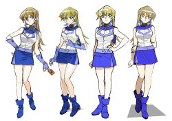 Rule 34 | 1girl, 203wolves, ankle boots, bare arms, bare shoulders, blonde hair, blue footwear, blue skirt, boots, breasts, buttons, card, closed mouth, commentary request, duel academy uniform (yu-gi-oh! gx), fingerless gloves, full body, gloves, hand on own hip, highres, holding, long hair, medium breasts, miniskirt, multiple views, simple background, skirt, sleeveless, smile, standing, tenjouin asuka, turtleneck, uniform, white background, yellow eyes, yu-gi-oh!, yu-gi-oh! gx
