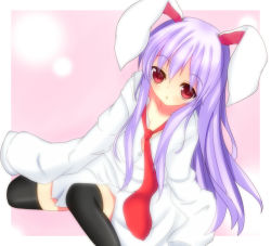 Rule 34 | 1girl, aged down, animal ears, black thighhighs, bottomless, dress shirt, female focus, long hair, naked shirt, necktie, no pants, oversized clothes, oversized shirt, purple hair, rabbit ears, red eyes, red necktie, reisen udongein inaba, shirt, sleeves past wrists, solo, thighhighs, touhou
