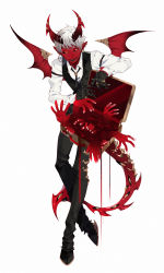 Rule 34 | 1boy, 21 ke, ambiguous red liquid, animal feet, arm strap, ascot, black ascot, black gloves, black horns, black pants, black sclera, black vest, briefcase, chinese commentary, claws, collared shirt, colored sclera, colored skin, demon boy, demon horns, demon tail, demon wings, ear piercing, earrings, extra eyes, full body, gloves, half gloves, highres, holding, holding briefcase, hooves, horns, jewelry, long sleeves, looking at viewer, male focus, multicolored horns, open mouth, original, pants, piercing, pointy ears, red horns, red skin, red tail, red wings, shirt, short hair, simple background, slit pupils, solo, standing, tail, vest, white background, white hair, white shirt, wings, yellow eyes