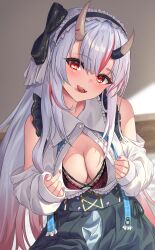 Rule 34 | 1girl, absurdres, bare shoulders, black bra, black hairband, black skirt, bra, breasts, button gap, cleavage, commentary request, detached sleeves, fingernails, frilled hairband, frills, hairband, head tilt, highres, hololive, horns, large breasts, long hair, looking at viewer, multicolored hair, nail polish, nakiri ayame, nakiri ayame (girly), official alternate costume, official alternate hairstyle, oni, pink nails, red eyes, red hair, shirt, skin-covered horns, skirt, solo, streaked hair, tongue, tongue out, una hirag, underwear, virtual youtuber, white hair, white shirt