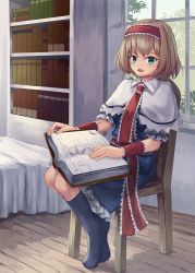 Rule 34 | 1girl, alice margatroid, bad id, bad pixiv id, bed, black socks, blonde hair, blue dress, blue eyes, blue sky, book, bookshelf, capelet, commentary, day, dress, english commentary, hairband, indoors, kneehighs, lolita hairband, looking at viewer, no shoes, ookashippo, open book, open mouth, puffy short sleeves, puffy sleeves, red neckwear, red ribbon, ribbon, sash, shadow, short hair, short sleeves, sitting, sky, socks, solo, touhou, white capelet, window, wooden floor, wrist cuffs