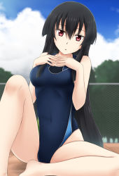Rule 34 | 10s, 1girl, akame (akame ga kill!), akame ga kill!, alternate costume, bare legs, black hair, blurry, blush, breasts, chain-link fence, cloud, competition swimsuit, covered navel, day, depth of field, fence, fuuma nagi, hair between eyes, hands on own chest, long hair, looking at viewer, medium breasts, one-piece swimsuit, red eyes, sitting, sky, solo, swimsuit, very long hair