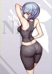 Rule 34 | 1girl, alternate costume, arm up, armpits, ass, ayanami rei, back, bare shoulders, bike shorts, black shorts, blue hair, breasts, cowboy shot, crop top, evan yang, from above, from behind, grey background, hair between eyes, hand on own hip, headgear, highres, hip focus, huge ass, logo, looking to the side, midriff, neon genesis evangelion, nerv, panties, pantylines, profile, red eyes, shiny skin, short hair, shorts, skin tight, sleeveless, small breasts, solo, sportswear, standing, tank top, text focus, thighs, underwear