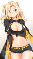 Rule 34 | 1girl, arm under breasts, azur lane, belt, bikini, bikini top only, black coat, black shorts, black sleeves, blonde hair, blush, breasts, cleavage, closed mouth, coat, commentary request, cosplay, cowboy shot, cutoffs, detached sleeves, eyes visible through hair, front-tie bikini top, front-tie top, grey eyes, groin, hair over one eye, hat, highres, historical name connection, holding own arm, hornet (azur lane), hornet (azur lane) (cosplay), hornet (kancolle), kantai collection, large breasts, long hair, looking at viewer, midriff, name connection, navel, short sleeves, shorts, sidelocks, simple background, solo, standing, swimsuit, thigh gap, thighhighs, twintails, white background, white thighhighs, yasume yukito, yellow belt