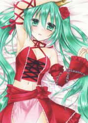 Rule 34 | 1girl, arm ribbon, arm up, armpits, asymmetrical sleeves, blush, bow, breasts, chain, choker, cleavage, collarbone, crown, detached sleeves, flower, frilled sleeves, frills, from above, fujiwara minaho, green eyes, green hair, hair between eyes, hair flower, hair ornament, hatsune miku, long hair, long sleeves, looking at viewer, lying, marker (medium), medium breasts, midriff, navel, on back, open mouth, red bow, red flower, red ribbon, red rose, red sleeves, ribbon, ribbon choker, rose, sideboob, single sleeve, solo, stomach, traditional media, twintails, uneven sleeves, very long hair, vocaloid, watermark