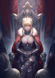 Rule 34 | 5girls, armor, armored boots, artoria pendragon (fate), artoria pendragon (lancer) (fate), bedivere (fate), blonde hair, blue eyes, blue leotard, boots, breasts, cape, circlet, cleavage, cleavage cutout, closed mouth, clothing cutout, crown, detached collar, fate/grand order, fate (series), female focus, from above, fur cape, fur trim, gauntlets, green eyes, hair between eyes, half-closed eyes, highres, indoors, large breasts, legs, crossed legs, leotard, light, looking at viewer, lucia (biblyoteka), mordred (fate), mordred (fate/apocrypha), multiple girls, own hands together, ponytail, red cape, serious, short hair with long locks, sidelocks, sitting, solo focus, sunlight, thighs, throne