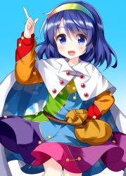 Rule 34 | 1girl, belt, blue eyes, blue hair, blush, cape, cloak, dress, gradient background, hairband, highres, light blue background, long sleeves, multicolored clothes, multicolored dress, multicolored hairband, one-hour drawing challenge, open mouth, patchwork clothes, pointing, pointing up, rainbow gradient, red button, ruu (tksymkw), short hair, simple background, sky print, standing, tenkyuu chimata, torn cape, torn clothes, touhou, two-sided cape, two-sided fabric, white cape, zipper