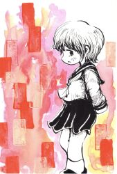 Rule 34 | 1girl, abstract background, arms behind back, feet out of frame, from side, greyscale with colored background, highres, long sleeves, looking at viewer, miniskirt, mochihama, neckerchief, original, parted lips, sailor collar, school uniform, serafuku, short hair, sideways glance, skirt, socks, solo, standing, traditional media