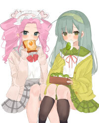 Rule 34 | 2girls, bento, black socks, blue eyes, blush, bow, bread, bread slice, cardigan, commentary request, drill hair, eating, egg, egg (food), feet out of frame, food, food in mouth, fried egg, green eyes, green hair, green hairband, green sailor collar, green skirt, grey sailor collar, grey skirt, hairband, highres, holding, holding food, invisible chair, kneehighs, koto n8, long hair, long sleeves, looking at viewer, mouth hold, multiple girls, neck ribbon, open cardigan, open clothes, pink hair, plaid, plaid skirt, pleated skirt, red bow, red ribbon, ribbon, sailor collar, school uniform, serafuku, shikoku metan, shirt, simple background, sitting, skirt, sleeves past wrists, socks, toast, touhoku zunko, twin drills, twintails, utau, voicevox, white background, white shirt, yellow eyes