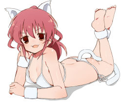 Rule 34 | 1girl, :3, animal ears, artist request, barefoot, bikini, breasts, cat ears, cat tail, character request, copyright request, feet, looking at viewer, lying, on stomach, red eyes, red hair, side-tie bikini bottom, simple background, small breasts, soles, solo, swimsuit, tail, toes, white background, white bikini