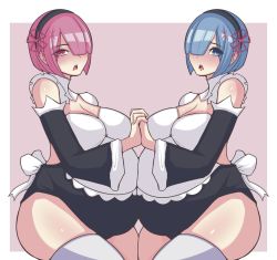 Rule 34 | 2girls, apron, belly-to-belly, blue eyes, blue hair, blunt bangs, blush, bob cut, breasts, cleavage, curvy, hair ornament, hairband, hairclip, holding hands, interlocked fingers, large breasts, looking at viewer, maid, maid apron, maid headdress, multiple girls, open mouth, pink eyes, pink hair, pregnant, ram (re:zero), re:zero kara hajimeru isekai seikatsu, rem (re:zero), short hair, sidelocks, thick thighs, thighhighs, thighs, wide hips, yukinohi0408