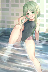 Rule 34 | 1girl, adworse, bathroom, black one-piece swimsuit, commentary request, competition swimsuit, day, green eyes, green hair, multicolored clothes, multicolored swimsuit, ocean, one-piece swimsuit, short hair, short hair with long locks, sitting, solo, swimsuit, teireida mai, tile wall, tiles, touhou, water