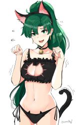 Rule 34 | 1girl, animal ears, bell, blush, breasts, cat cutout, cat day, cat ear panties, cat ears, cat lingerie, cat tail, choker, cleavage, cleavage cutout, clothing cutout, cowboy shot, eyelashes, fake animal ears, fire emblem, fire emblem: the blazing blade, green eyes, green hair, high ponytail, highres, large breasts, long hair, looking at viewer, lyn (fire emblem), meme attire, navel, neck bell, nintendo, ormille, panties, paw pose, ponytail, side-tie panties, simple background, smile, solo, standing, stomach, tail, underwear, white background