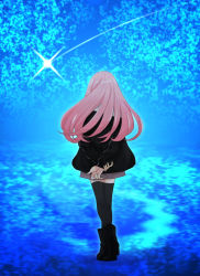 Rule 34 | 1boy, arms behind back, black footwear, black jacket, black thighhighs, blue background, blue theme, boots, brown shorts, commentary request, crossed arms, facing away, from behind, full body, glowing, high heel boots, high heels, holding own arm, holostars, jacket, kiyoshi (panap23), long hair, long sleeves, male focus, off shoulder, pink hair, shooting star, shorts, solo, standing, sweater, thighhighs, tsukishita kaoru, turtleneck, turtleneck sweater, virtual youtuber, white sweater, zettai ryouiki