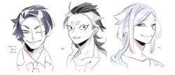 Rule 34 | 3boys, black hair, blue hair, closed mouth, collared shirt, commentary request, earrings, gills, grey hair, grin, highres, jewelry, long hair, looking at viewer, male focus, multicolored hair, multiple boys, necktie, one eye closed, original, pink hair, portrait, purple eyes, red eyes, scar, scar across eye, shark boy, sharp teeth, shirt, short eyebrows, short hair, simple background, smile, streaked hair, teeth, thick eyebrows, translation request, white background, yellow eyes, zzb azz