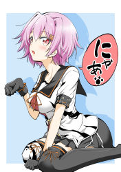 Rule 34 | 1girl, absurdres, asymmetrical legwear, black gloves, black sailor collar, black skirt, black thighhighs, blue background, gloves, gradient background, highres, kantai collection, kneeling, looking at viewer, mismatched legwear, open mouth, paw pose, pink hair, red eyes, sailor collar, school uniform, serafuku, short hair, short sleeves, sitting, skirt, solo, striped clothes, striped thighhighs, takano yuuya, tama (kancolle), tama kai ni (kancolle), thighhighs