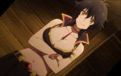 Rule 34 | 1girl, black hair, breasts, cleavage, isekai cheat magician, large breasts, midriff, navel, remia (isekai cheat magician), revealing clothes, screencap, short hair, stitched, third-party edit, yellow eyes