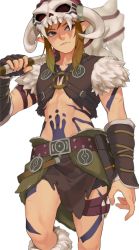 Rule 34 | 1boy, arm at side, barbarian set (zelda), belt, blonde hair, breasts, brown gloves, closed mouth, collarbone, cowboy shot, fake horns, fingerless gloves, fur trim, gloves, hand up, helmet, highres, holding, holding weapon, horned helmet, horns, ivy (sena0119), link, long hair, looking at viewer, male focus, midriff, navel, nintendo, o-ring, official alternate costume, over shoulder, pointy ears, pubic tattoo, sideways glance, simple background, skull, skull on head, solo, standing, stomach, stomach tattoo, tattoo, the legend of zelda, the legend of zelda: breath of the wild, torn clothes, weapon, weapon over shoulder, white background