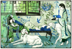 Rule 34 | 2girls, animal, anklet, aoikiku, architecture, barefoot, bird, black hair, blunt bangs, carrying, chair, chaise longue, closed eyes, collar, container, cup, dog, dress, east asian architecture, eye contact, floral print, flower, fur, green eyes, hime cut, holding, indoors, jewelry, leaf, long hair, looking at another, lying, multiple girls, original, painting (medium), plant, scenery, shoes, short hair, tile floor, tiles, traditional media, walking, watercolor (medium), wind chime, window