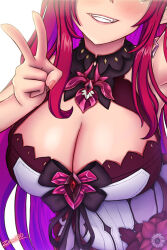 Rule 34 | 1girl, blush, breasts, brooch, cleavage, cleavage cutout, clothing cutout, flower, highres, hololive, hololive english, irys (hololive), jewelry, large breasts, long hair, purple hair, selfie, smile, solo, v, virtual youtuber, zero130
