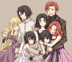 Rule 34 | 00s, 4boys, 4girls, arm grab, baccano!, bare shoulders, black hair, blonde hair, bob cut, chane laforet, charon walken, claire stanfield, claudia walken, closed eyes, dress, family, father and daughter, frown, green eyes, guratan-hige, huey laforet, hug, if they mated, long hair, luchino campanella, mandarin collar, monica campanella, multiple boys, multiple girls, one eye closed, red eyes, red hair, riza laforet, short hair, smile, very long hair, wink