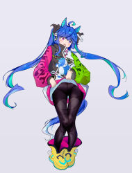 Rule 34 | 1girl, absurdres, ahoge, aqua hair, black bodysuit, black ribbon, blue eyes, blue hair, blush, bodysuit, boots, chinese commentary, clothes writing, coat, coat lift, commentary request, drawstring, fang, frown, full body, grey background, hair ribbon, head tilt, hermityy, heterochromia, highres, horse girl, horse tail, lifting own clothes, long hair, long sleeves, looking at viewer, multicolored coat, multicolored hair, open mouth, purple eyes, ribbon, sidelocks, simple background, solo, standing, stuffed animal, stuffed rabbit, stuffed toy, tail, thigh gap, twin turbo (umamusume), twintails, two-tone hair, umamusume, very long hair, white ribbon, yellow footwear