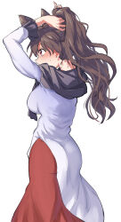 Rule 34 | 1girl, absurdres, alternate hairstyle, animal ears, ass, blush, breasts, brown hair, dress, extra ears, gunnjou yosio, highres, imaizumi kagerou, impossible clothes, large breasts, lone nape hair, long hair, nape, no tail, ponytail, red eyes, solo, standing, sweatdrop, touhou, tying hair, white background, white dress, wolf ears