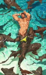Rule 34 | 1boy, abs, absurdres, afloat, armpit hair, armpits, bara, beard, brown hair, chest hair, closed eyes, completely nude, facial hair, fish, from above, full body, highres, jewelry, large pectorals, male focus, mature male, merman, monster boy, muscular, muscular male, mustache, navel, navel hair, necklace, nipples, nude, original, pectorals, shark, shark boy, shell, shell necklace, short hair, solo, stomach, swimming, swimsuit, thick eyebrows, unworn swimsuit, water, wet, xiaolumiaoliya