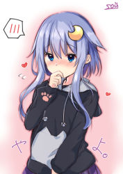 Rule 34 | 1girl, black hoodie, blue eyes, blue hair, blush, commentary request, covered mouth, crescent, crescent hair ornament, drawstring, flying sweatdrops, hair between eyes, hair ornament, hand up, heart, hood, hood down, hoodie, kantai collection, long sleeves, looking at viewer, nose blush, pleated skirt, puffy long sleeves, puffy sleeves, purple skirt, signature, skirt, sleeves past wrists, solo, sou (soutennkouchi), spoken blush, yayoi (kancolle)