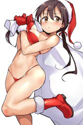Rule 34 | 1girl, bikini, blush, boots, breast hold, breasts, brown eyes, brown hair, buta-don, christmas, closed mouth, commentary, frown, gertrud barkhorn, gloves, hair ribbon, hat, highres, holding, holding sack, leg up, long hair, looking at viewer, low twintails, medium breasts, navel, over shoulder, red bikini, red footwear, red gloves, red hat, red ribbon, ribbon, sack, santa boots, santa gloves, santa hat, simple background, solo, standing, standing on one leg, strike witches, string bikini, sweatdrop, swimsuit, twintails, white background, world witches series