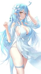 Rule 34 | 1girl, absurdres, ahoge, alternate costume, bare shoulders, blue hair, blush, breasts, choker, closed mouth, dress, floating hair, flower, hair flower, hair ornament, half updo, hands up, heart, heart ahoge, highres, hololive, large breasts, light blue hair, long hair, pdxen, pointy ears, side slit, simple background, solo, thigh strap, thighs, very long hair, virtual youtuber, white background, yellow eyes, yukihana lamy