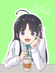 Rule 34 | 1girl, ahoge, awa subaru, black hair, blush, commentary, cup, dated, diagonal-striped clothes, diagonal-striped necktie, disposable cup, girls band cry, green background, green necktie, head rest, highres, long hair, long sleeves, looking at viewer, nebula807, necktie, open mouth, outline, parted bangs, purple eyes, shirt, sidelocks, signature, solo, striped clothes, teeth, upper body, white outline, white shirt