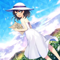 Rule 34 | 1girl, absurdres, achiki, album cover, bad id, bad twitter id, bare shoulders, black hair, blue eyes, blue sky, cloud, cloudy sky, cover, day, dress, field, flower, flower field, from behind, grass, hat, highres, holding, looking at viewer, looking back, map, open mouth, original, outdoors, sky, smile, solo, standing, sun hat, sundress, white dress, white flower, white hat