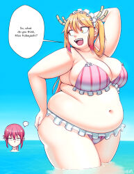 Rule 34 | ..., 2girls, absurdres, arm behind head, better-with-salt, bikini, blonde hair, blue sky, breasts, cleavage, cowboy shot, dot nose, english text, fat, glasses, hair over shoulder, hand on own ass, highres, horizon, horns, jitome, kobayashi-san chi no maidragon, kobayashi (maidragon), large breasts, long hair, looking at viewer, looking back, maid headdress, multicolored hair, multiple girls, navel, open mouth, orange eyes, partially submerged, pink bikini, plump, sanpaku, sidelocks, sky, slit pupils, smile, speech bubble, spoken ellipsis, string bikini, striped bikini, striped clothes, swimsuit, thick arms, thick thighs, thighs, tohru (maidragon), twintails, water, yellow eyes