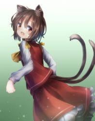 Rule 34 | 1girl, animal ears, brown eyes, brown hair, cat ears, cat tail, chen, ear piercing, earrings, fang, highres, jewelry, long sleeves, looking at viewer, looking back, minamina, multiple tails, nekomata, no headwear, open mouth, piercing, shirt, skirt, skirt set, smile, solo, tail, touhou, vest