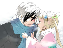 Rule 34 | 1boy, 1girl, aqua eyes, brown hair, closed eyes, coat, elle mel marta, father and daughter, gradient background, hair ornament, long hair, ludger will kresnik, multicolored hair, open mouth, scarf, short hair, tales of (series), tales of xillia, tales of xillia 2, twintails, white hair