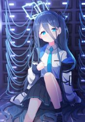 Rule 34 | 1girl, aqua halo, aris (blue archive), baram, black hair, black skirt, black socks, blue archive, blue eyes, blue necktie, closed mouth, collared shirt, commentary request, feet out of frame, hair between eyes, halo, head tilt, highres, hood, hood down, hooded jacket, jacket, knee up, long hair, long sleeves, necktie, off shoulder, one side up, open clothes, open jacket, pleated skirt, puffy long sleeves, puffy sleeves, rectangular halo, shirt, shoes, sitting, skirt, sleeves past wrists, smile, socks, solo, very long hair, white jacket, white shirt