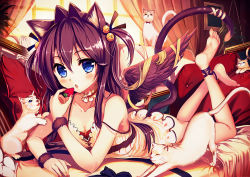 Rule 34 | 1girl, akabane (zebrasmise), animal ears, barefoot, blue eyes, blush, brown hair, cat, cat ears, cat tail, couch, dress, food, fruit, hair ornament, long hair, looking at viewer, lying, md5 mismatch, nail polish, on stomach, open mouth, original, solo, strawberry, tail, wings, wristband